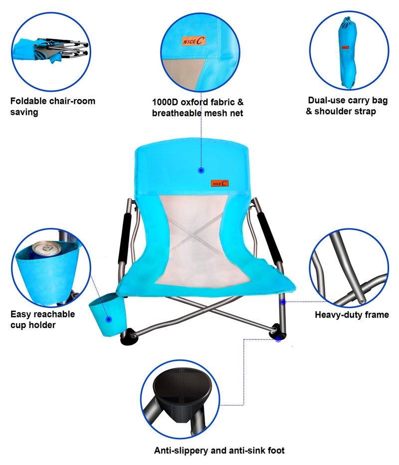 Nice C Low Beach Camping Folding Chair, Ultralight Backpacking Chair with Cup Holder & Carry Bag Compact & Heavy Duty Outdoor, Camping, BBQ, Beach, Travel, Picnic, Festival (Set of 1 Blue) - Image 5